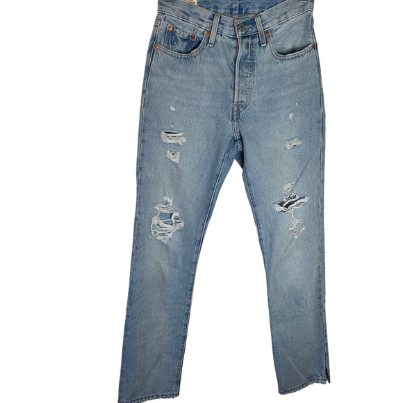 Levis 501 Jeans Womens 24x30 High Rise Straight Distressed Light Wash Raw Hem - Picture 2 of 13